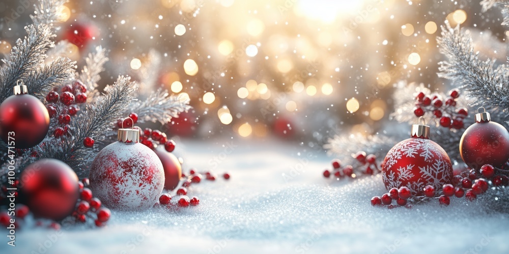 Christmas Baubles On Snow With Fir Branches Christmas Baubles On Snow With Fir Branches