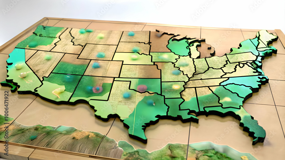 Fototapeta premium Holographic Electoral Map Concept: Extreme Close-Up of 3D Map with Real-Time Vote Updates, Detailed Regional Data, Isolated on White Background, Data Streams