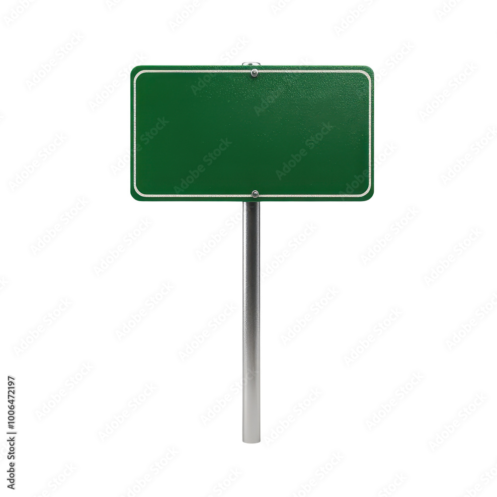 Blank green sign on a metallic pole, ideal for custom signage or directional guidance in various settings. Blank green sign on a metallic pole, ideal for custom signage or directional guidance in various settings.