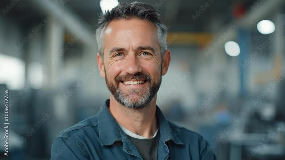 Smiling Middle-Aged Man with Grey Hair and Beard in a Factory Setting Smiling Middle-Aged Man with Grey Hair and Beard in a Factory Setting