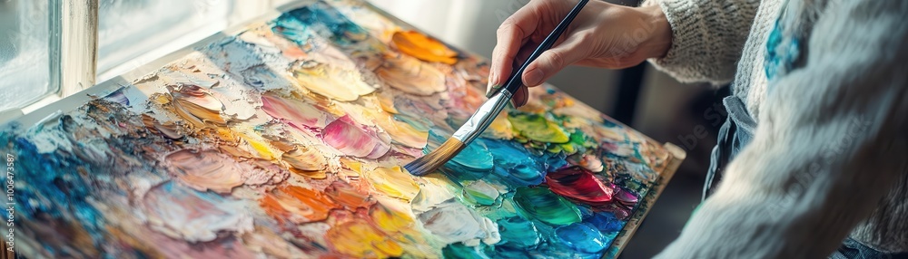 An artist mixes vibrant colors on a palette, showcasing creativity and the joy of painting indoors with natural light. An artist mixes vibrant colors on a palette, showcasing creativity and the joy of painting indoors with natural light.