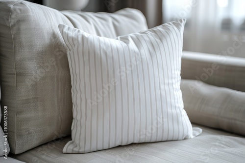 Striped white cushions on a minimalist sofa. Pillow mockup