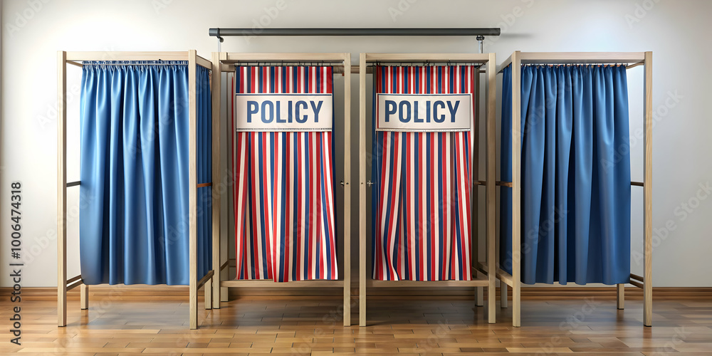 Medium Shot of Voting Booth Frame with Policy Curtains: Revealing Important Policy Areas for Voter Privacy - Ideal Photo Stock Concept