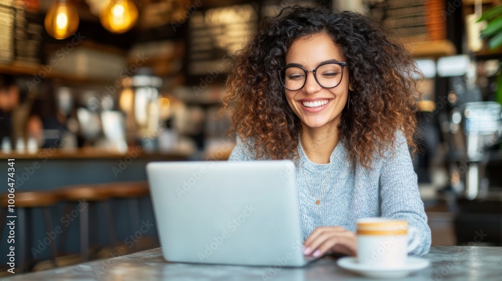 A cheerful woman sits at a chic café, focused on her laptop with a cup of coffee beside her. The relaxed ambiance and soft light create a perfect workspace A cheerful woman sits at a chic café, focused on her laptop with a cup of coffee beside her. The relaxed ambiance and soft light create a perfect workspace