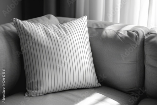 Striped white cushions on a minimalist sofa. Pillow mockup