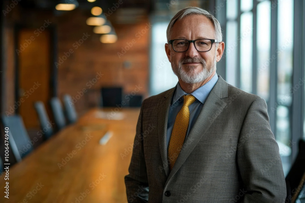 Fototapeta premium A Middle-Aged Businessman in a Suit Stands in an Office