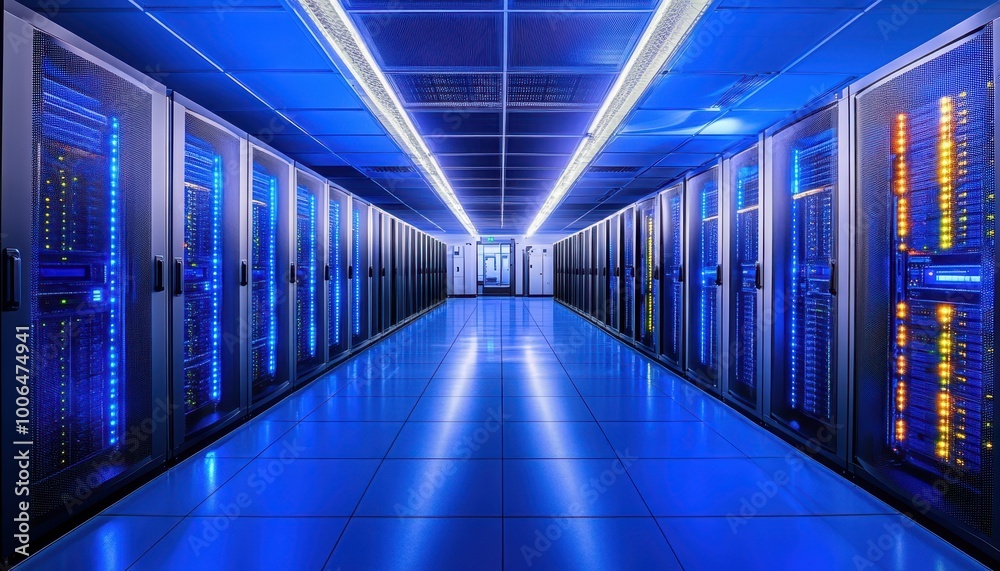 High-tech data center with rows of advanced server cabinets, illuminated by bright lights and a sleek design. High-tech data center with rows of advanced server cabinets, illuminated by bright lights and a sleek design.