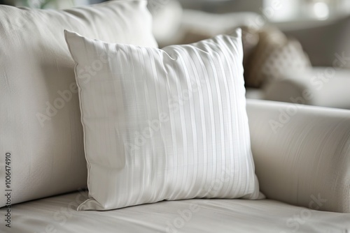 Striped white cushions on a minimalist sofa. Pillow mockup