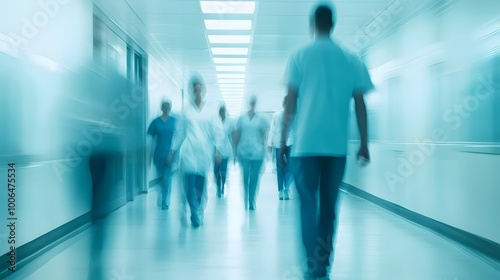 A blurred background of medical staff walking in the hospital corridor, with doctors and nurses wearing scrubs, creating an atmosphere of action