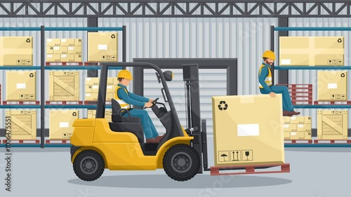 Animation of transporting people on the forklift is prohibited. Dangers of driving a forklift. Forklift driving safety. Work accident in a warehouse. Security First. Accident prevention at work