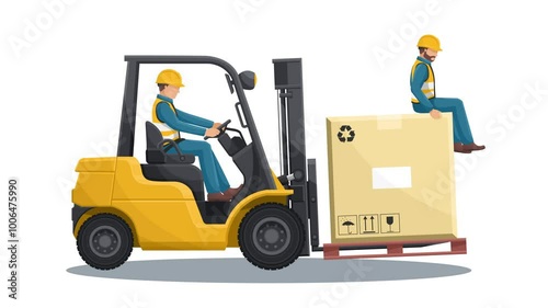 Animation of transporting people on the forklift is prohibited. Dangers of driving a forklift. Forklift driving safety. Work accident in a warehouse. Security First. Accident prevention at work