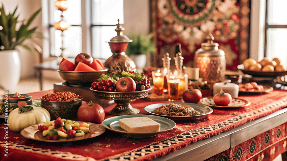 3D Table Setting Concept: Elegant Yalda Night Decor with Vibrant Colors & Traditional Items - Wide Shot & Slow Pan Across the Table 3D Table Setting Concept: Elegant Yalda Night Decor with Vibrant Colors & Traditional Items - Wide Shot & Slow Pan Across the Table