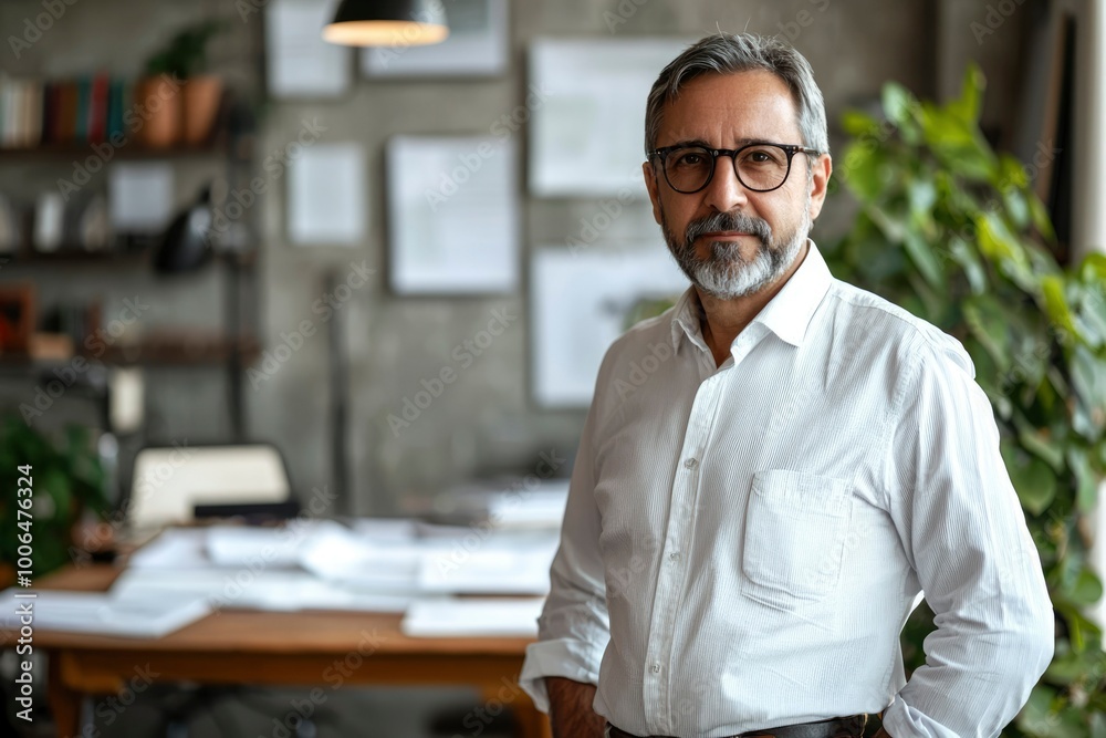 A Man in a White Shirt and Glasses Stands in His Office A Man in a White Shirt and Glasses Stands in His Office