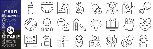 A set of line icons related to child development. Child, care, toys, books, creative, kids, study, skill, brain, kindergarten, bags, and so on. Vector editable stroke.