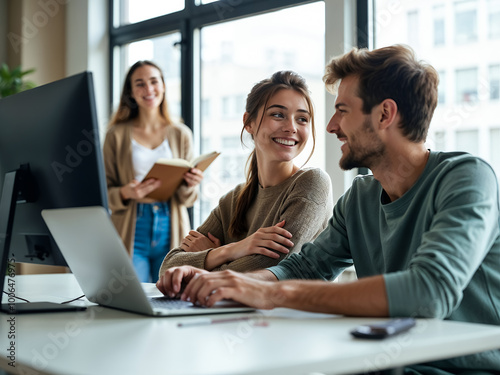 Wallpaper Mural a group of three colleagues in a modern office setting, with two seated and smiling at each other while working on computer, and a third person standing in the background holding a notebook  Torontodigital.ca