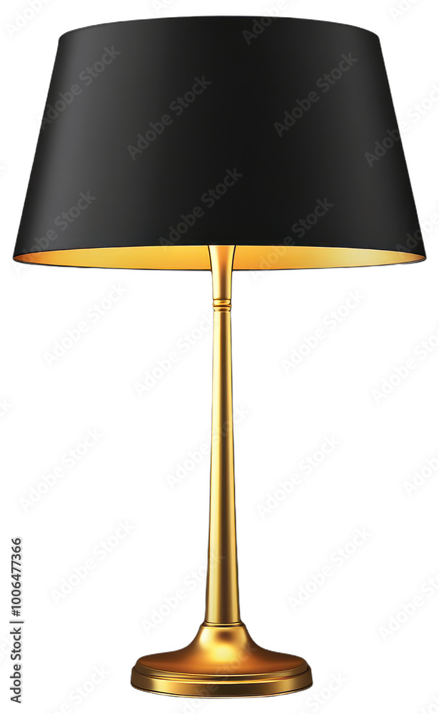 Modern table lamp with a sleek gold base and a black shade. Modern table lamp with a sleek gold base and a black shade.