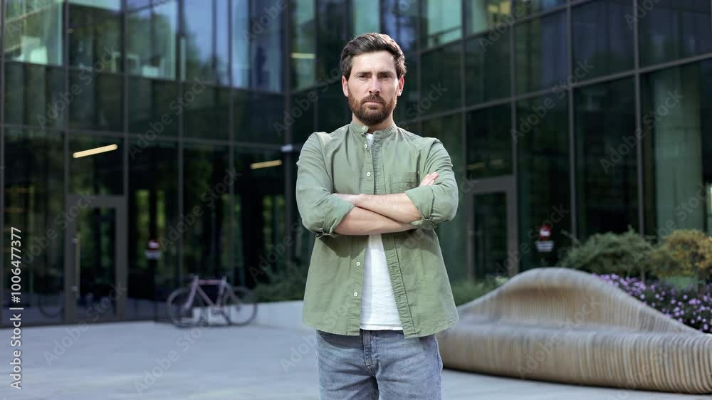 A confident and serious businessman stands with his arms crossed in front of a modern office building, exuding an aura of professionalism and determination. A confident and serious businessman stands with his arms crossed in front of a modern office building, exuding an aura of professionalism and determination.