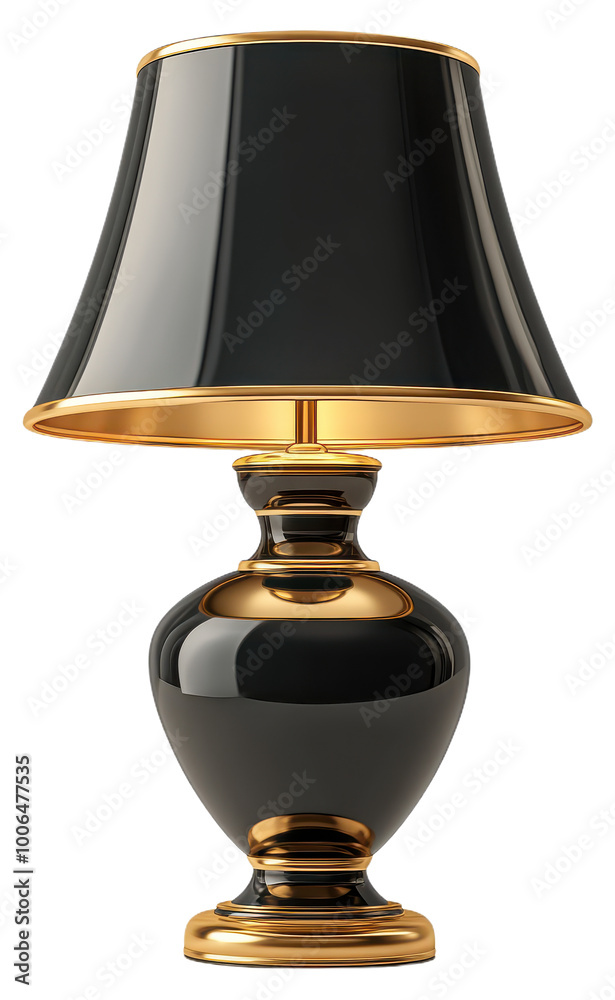 Classic table lamp with a black shade and glossy gold-accented base.