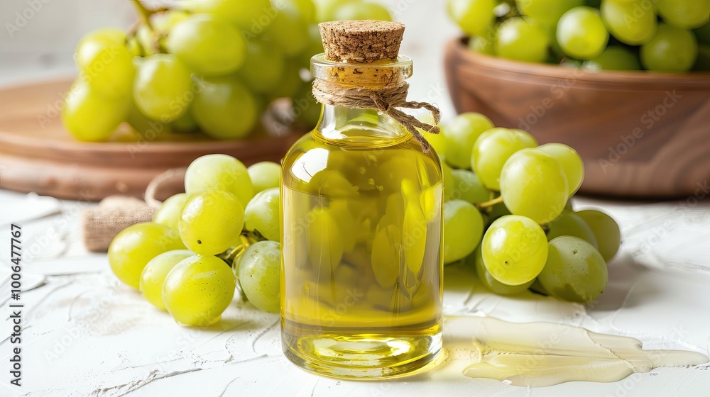 Bottle of Grape Seed Oil with Fresh Green Grapes on Rustic Background Bottle of Grape Seed Oil with Fresh Green Grapes on Rustic Background