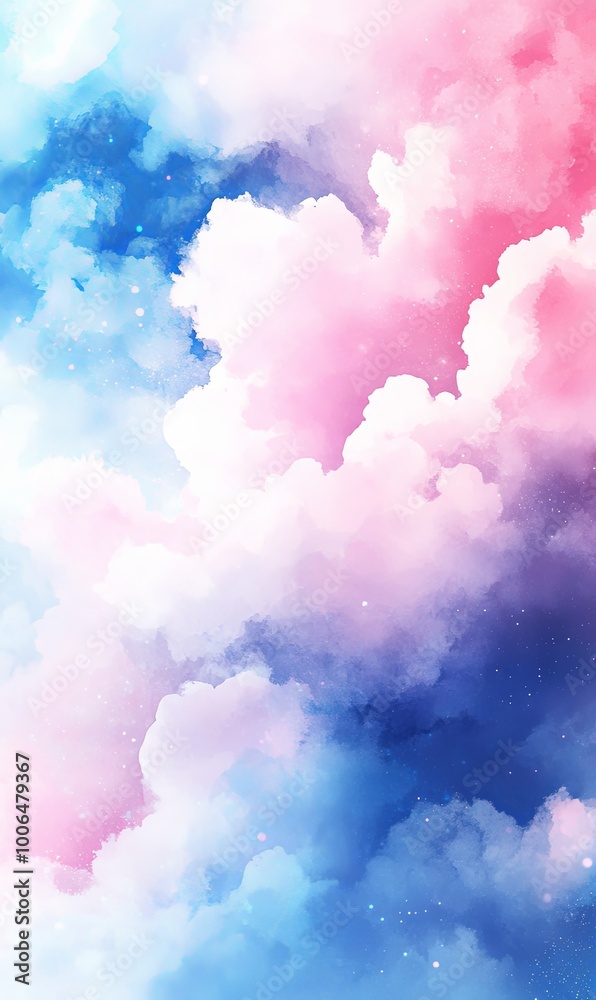 A dreamy sky with fluffy clouds painted in shades of pink and blue.