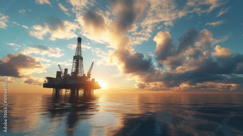 An offshore drilling rig, towering over the water, sunny, cloudy, blue sky. An offshore drilling rig, towering over the water, sunny, cloudy, blue sky.