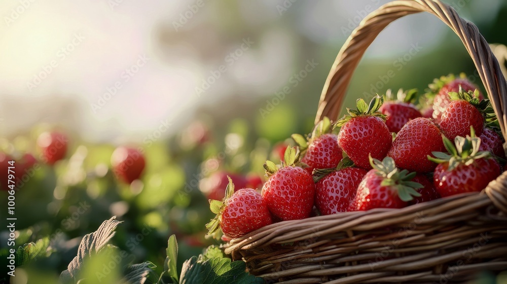 A close-up of freshly picked strawberries being placed into a basket on a farm A close-up of freshly picked strawberries being placed into a basket on a farm