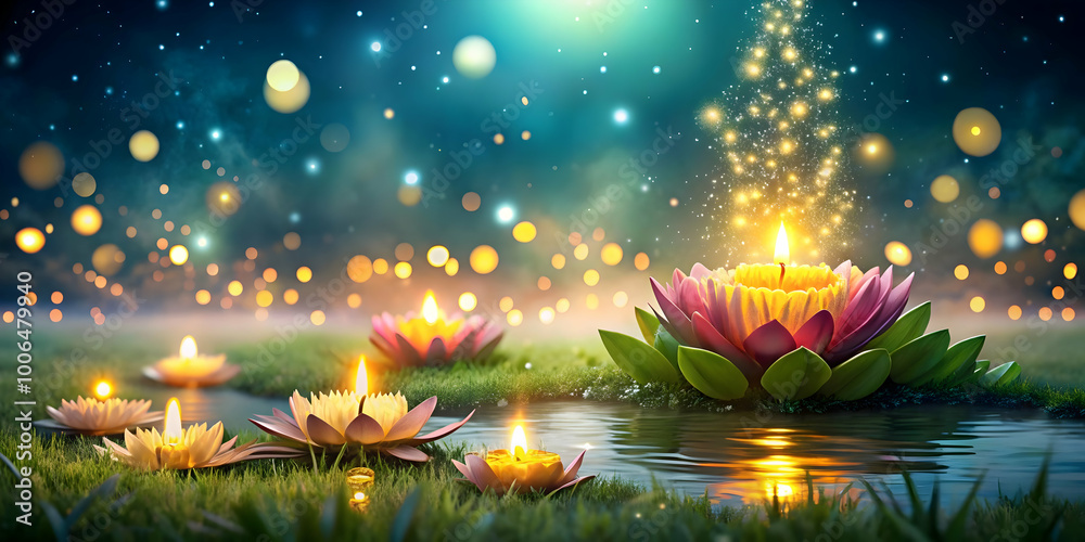 Loy Krathong Festival Illustration: Enchanting Scene of a Traditional Krathong Surrounded by Glowing Fireflies on White Background Loy Krathong Festival Illustration: Enchanting Scene of a Traditional Krathong Surrounded by Glowing Fireflies on White Background
