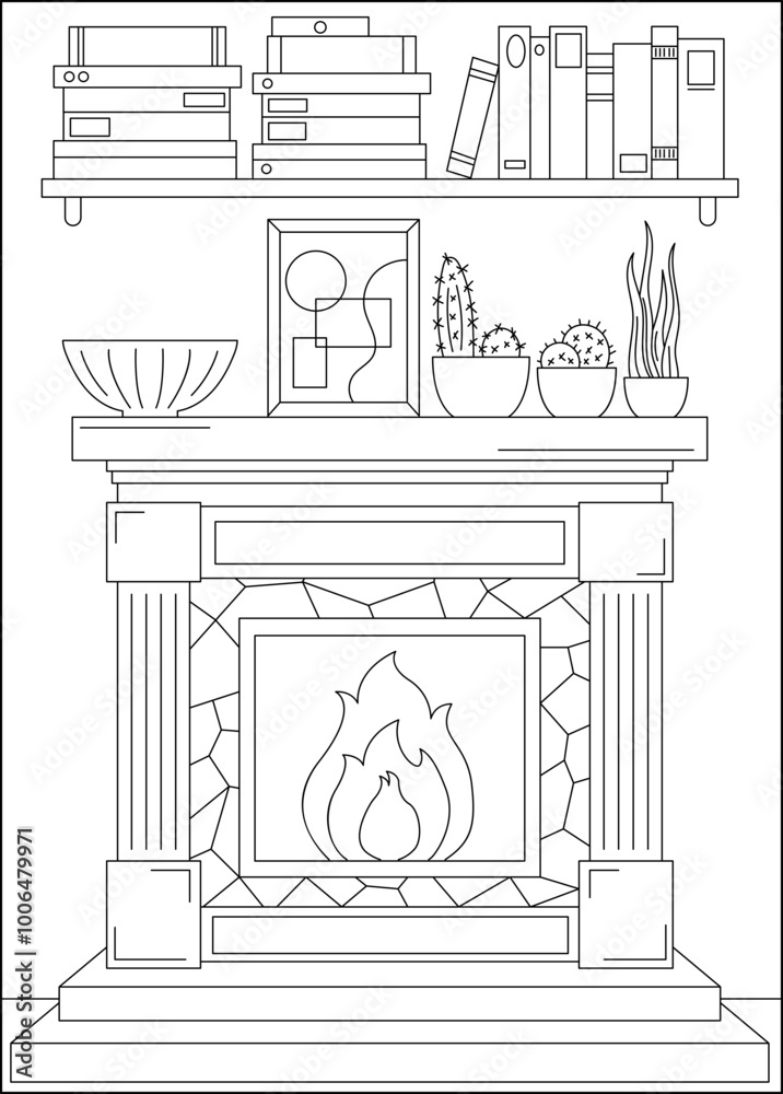 Fototapeta premium fireplace bookshelf minimal style coloring book page