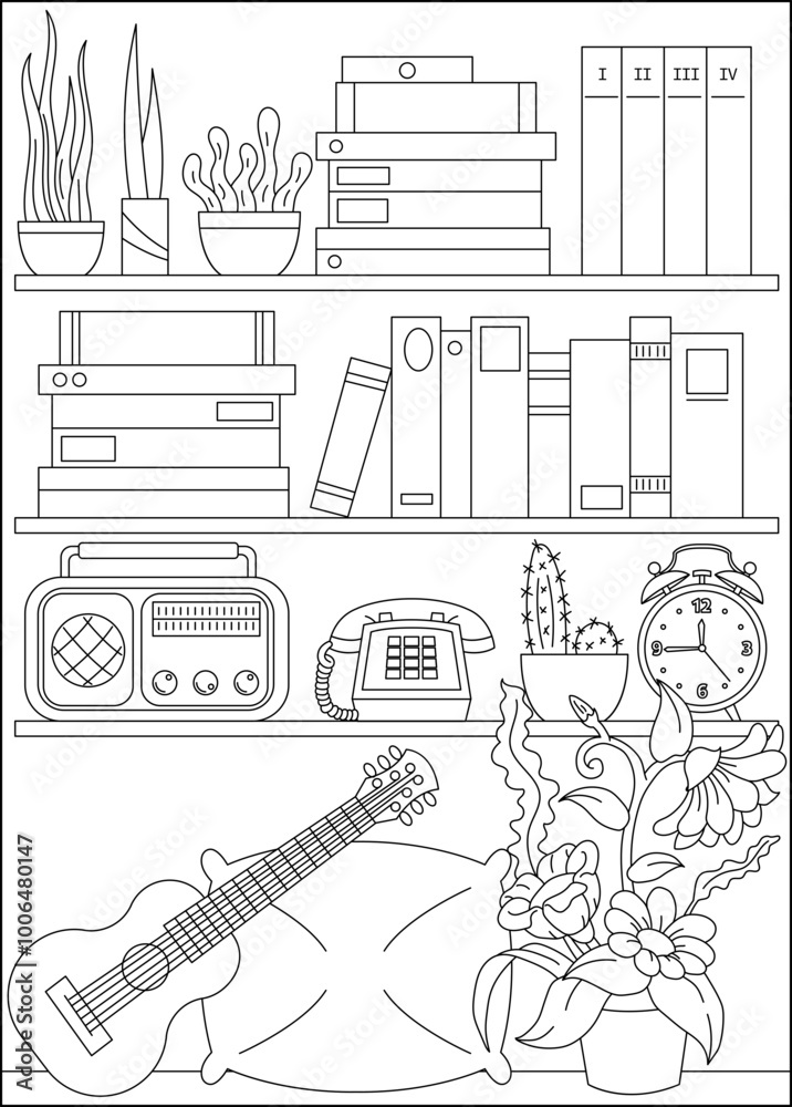 Fototapeta premium guitar bookshelf minimal style coloring book page