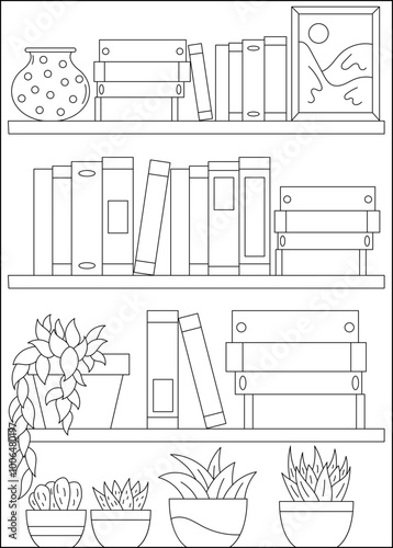 plant bookshelf minimal style coloring book page