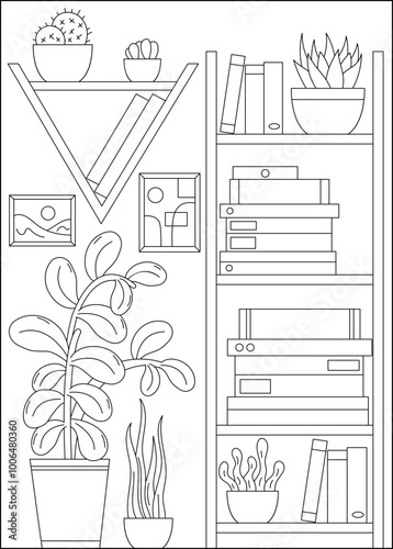 plant bookshelf minimal style coloring book page