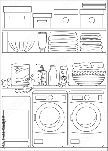 laundry bookshelf minimal style coloring book page
