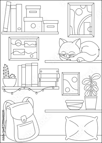 cat bookshelf minimal style coloring book page
