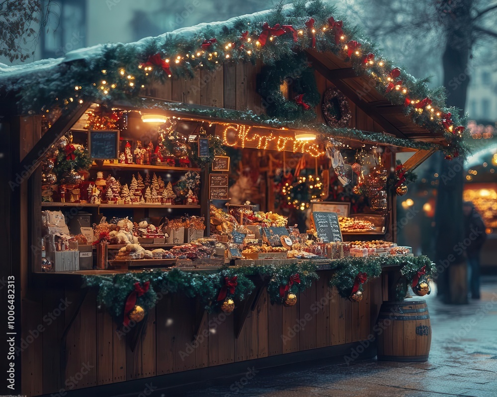 Naklejka premium Christmas market stall with vibrant holiday decor, soft lighting, cozy atmosphere, festive spirit, photo-realistic