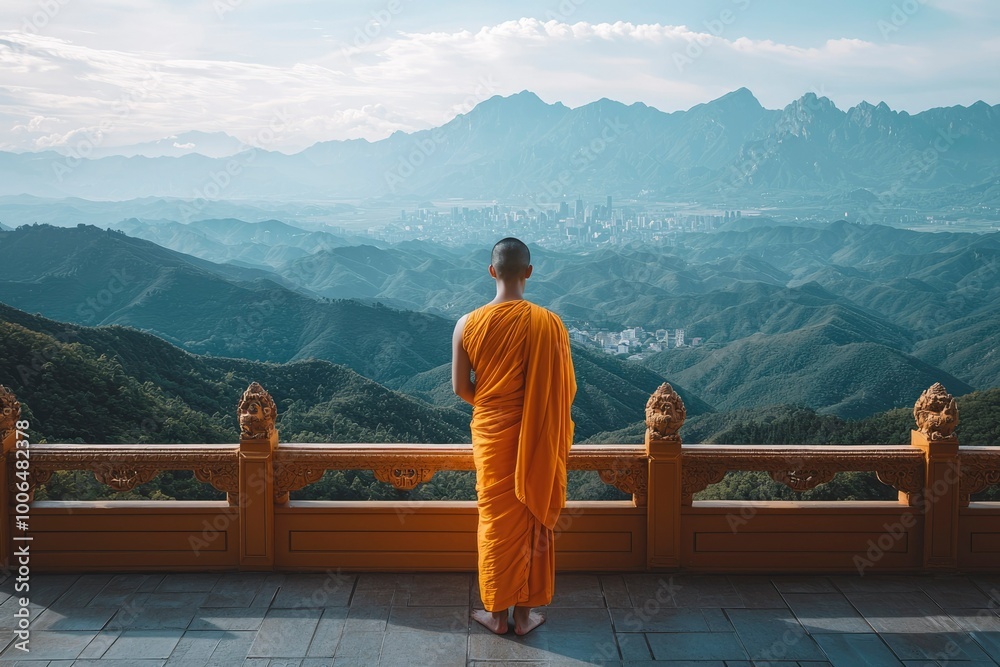 Fototapeta premium Monk Contemplating Cityscape From Mountaintop