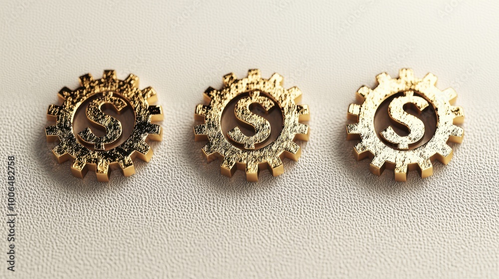 Gears Grinding Against Resistance: A set of gears made of golden currency symbols, struggling to turn as rust and obstacles block their movement Gears Grinding Against Resistance: A set of gears made of golden currency symbols, struggling to turn as rust and obstacles block their movement