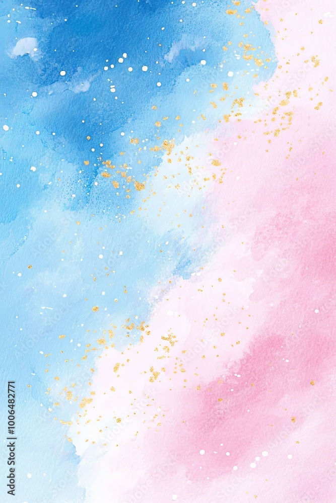 Abstract watercolor background with blue and pink shades and gold glitter. Abstract watercolor background with blue and pink shades and gold glitter.