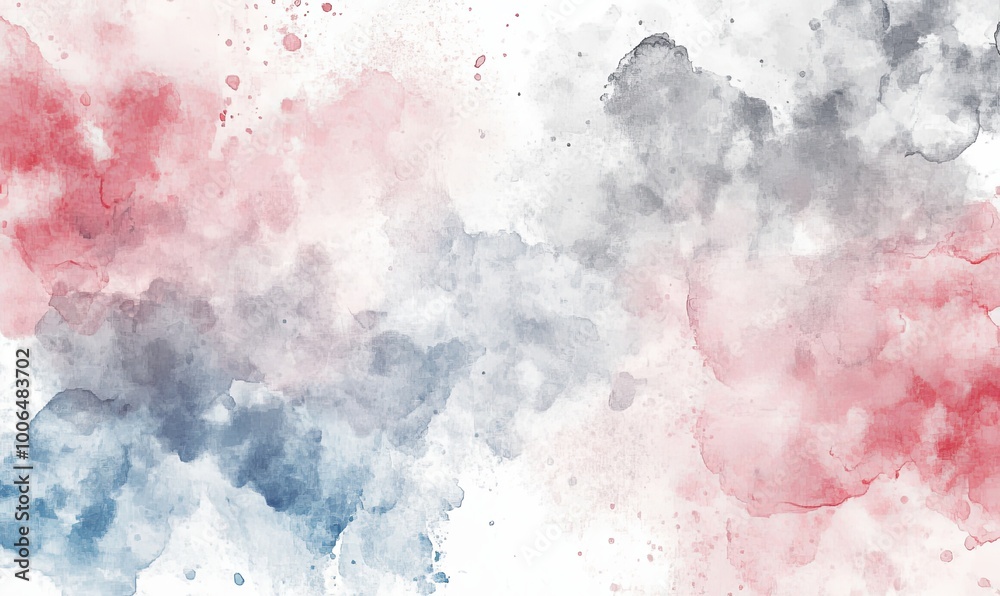 Obraz premium Abstract watercolor background with red, blue, and gray paint splatters on a white background.