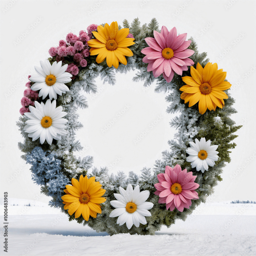 fleurs avec de la neige sur le sol et des montagnes en arrière-plan, toutes de couleurs différentes, art génératif, occlusion ambiante, fleurs avec de la neige sur le sol et des montagnes en arrière-plan, toutes de couleurs différentes, art génératif, occlusion ambiante,