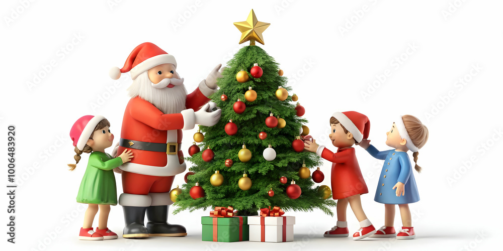 3D Santa Claus Joyfully Decorating Christmas Tree with Children - Candid Moment of Holiday Teamwork - Isolated Icon on White Background 3D Santa Claus Joyfully Decorating Christmas Tree with Children - Candid Moment of Holiday Teamwork - Isolated Icon on White Background