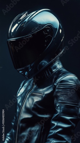 Motorcyclist wearing black protective gear and helmet