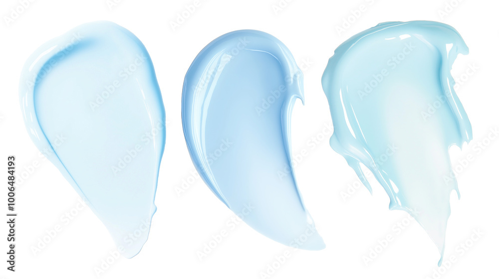 Three light blue cream swatches with glossy textures transparent image. Skincare lotion samples isolated cutouts 3d render. Facial creamy smears cut out cliparts design elements png