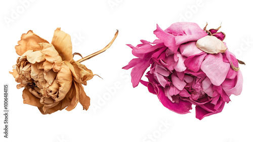 Fototapeta Naklejka Na Ścianę i Meble -  Pair of dried peonies in soft pink and beige shades image isolated transparent. Preserved paeonia petals cut out photo png. Rustic vintage decor cutouts elements objects photography