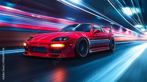 Red Sports Car Speeding Through Neon City