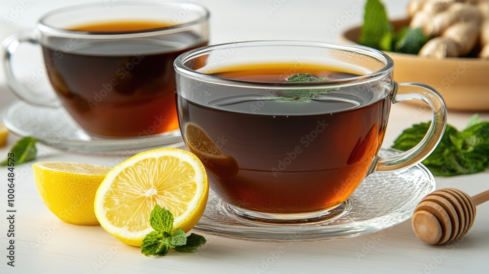 Enjoy a warm blend of herbal tea featuring ginger, lemon, and mint leaves, accompanied by a teapot and honey pot, creating a delightful beverage experience Enjoy a warm blend of herbal tea featuring ginger, lemon, and mint leaves, accompanied by a teapot and honey pot, creating a delightful beverage experience