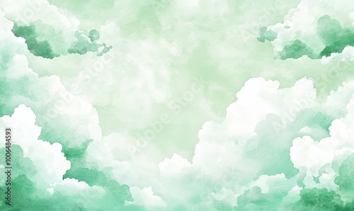 Abstract watercolor painting of a green and white sky with clouds.