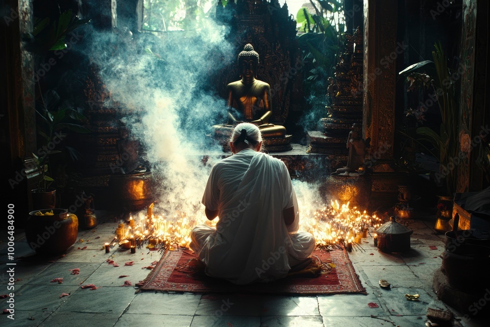 A Person Praying Before a Buddha Statue in a Temple A Person Praying Before a Buddha Statue in a Temple