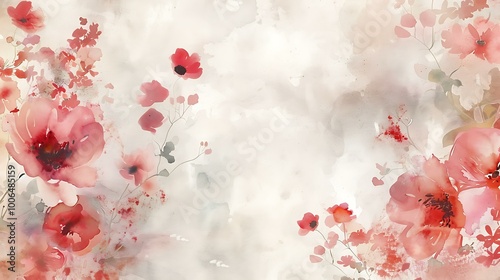 Fototapeta Naklejka Na Ścianę i Meble -  A delicate watercolor background featuring soft pink and red flowers blooming around the edges, with a pale pastel wash and ample white space in the center for text or design elements