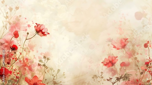 A serene floral composition with pink and red flowers painted in watercolor, set against a pastel-toned background, leaving a wide open area of white space in the middle for personalization