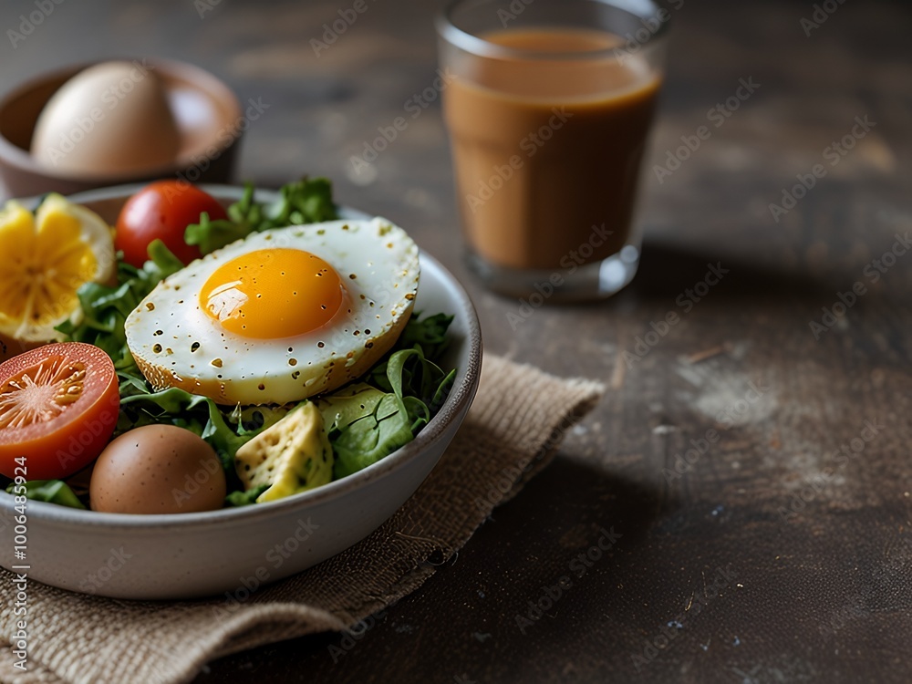 Obraz premium A protein-rich meal (sprouts, eggs, shakes), healthy diet concept image.